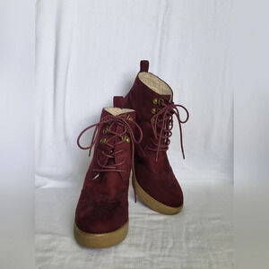 H&M Women's Maroon Faux Fur‎ Lined Suede Oxford Wedge Heel Boots, Size 8